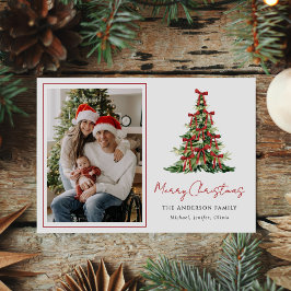 Cartes Pour Fêtes Annuelles Arbre de Noël avec Ruban Rouge Aquarelle Photo