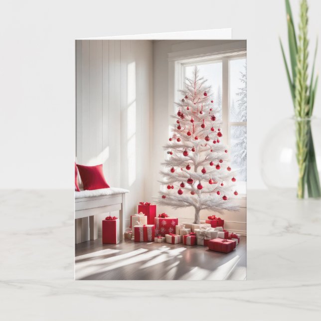 Cartes Pour Fêtes Annuelles Arbre de Noël blanc par fenêtre d'hiver (Devant)