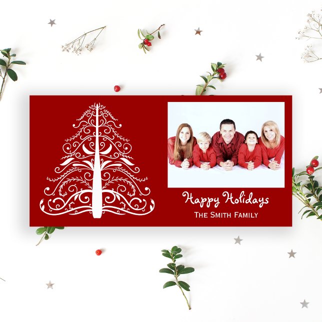 Cartes Pour Fêtes Annuelles Arbre de Noël blanc sur Red Happy Holidays (Créateur téléchargé)