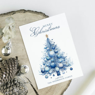 Cartes Pour Fêtes Annuelles Arbre de Noël bleu moderne Aquarelle Nom personnal