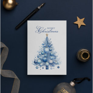 Cartes Pour Fêtes Annuelles Arbre de Noël bleu moderne Aquarelle Photo personn