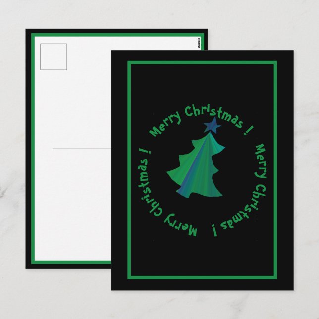 Cartes Pour Fêtes Annuelles Arbre de Noël bleu vert moderne en noir (Devant / Derrière)