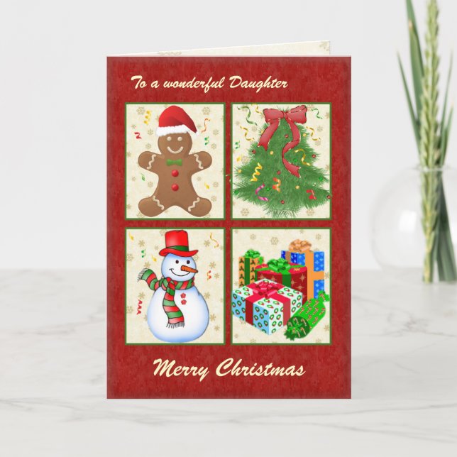 Cartes Pour Fêtes Annuelles Arbre de Noël, bonhomme de neige, présents, (Devant)