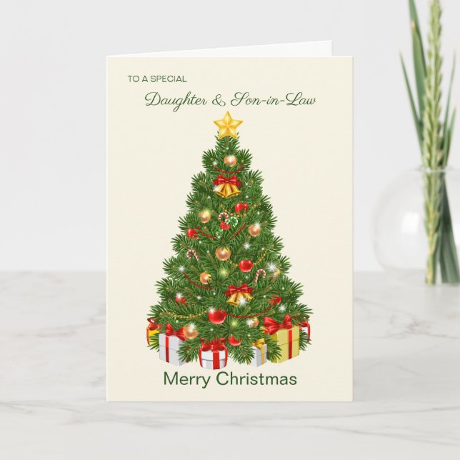 Cartes Pour Fêtes Annuelles Arbre de Noël, cadeaux, Fille et gendre (Devant)