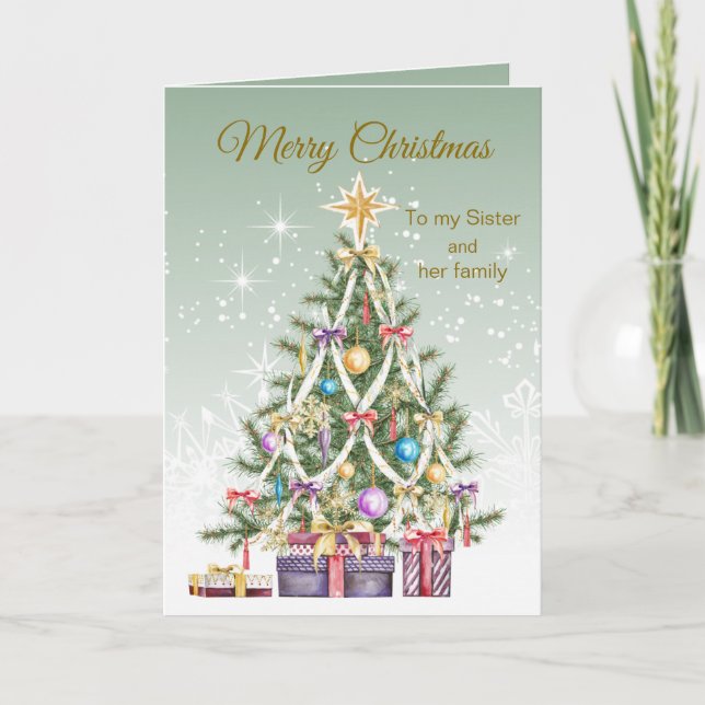Cartes Pour Fêtes Annuelles Arbre de Noël, cadeaux, Soeur & sa famille (Devant)
