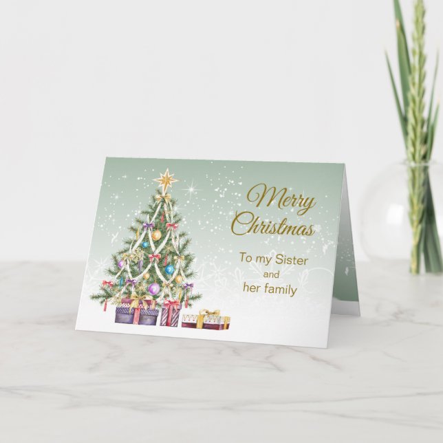 Cartes Pour Fêtes Annuelles Arbre de Noël, cadeaux, Soeur & sa famille (Devant)