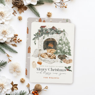Cartes Pour Fêtes Annuelles Arbre de Noël Cheminée Cosy Chat & Chien Noël