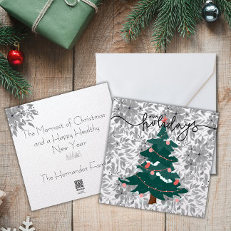 Cartes Pour Fêtes Annuelles Arbre de Noël classique et fleurs monochromes lin