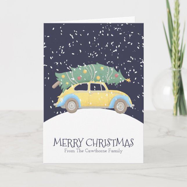 Cartes Pour Fêtes Annuelles Arbre de Noël en voiture jaune Fête personnalisée (Devant)
