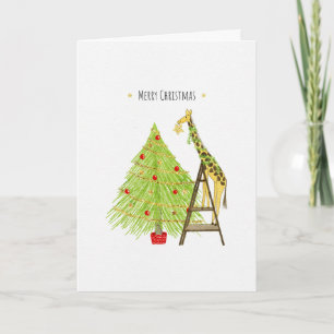 Cartes Pour Fêtes Annuelles Arbre de Noël et girafe sur une échelle