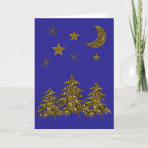 Cartes Pour Fêtes Annuelles Arbre de Noël étincelant, lune, étoiles sur bleu