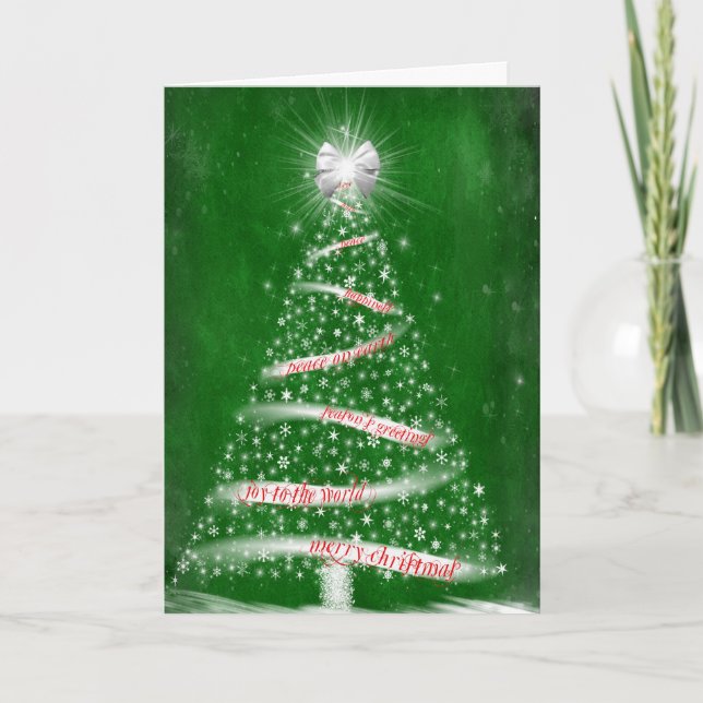 Cartes Pour Fêtes Annuelles Arbre de Noël étincelant sur vert (Devant)