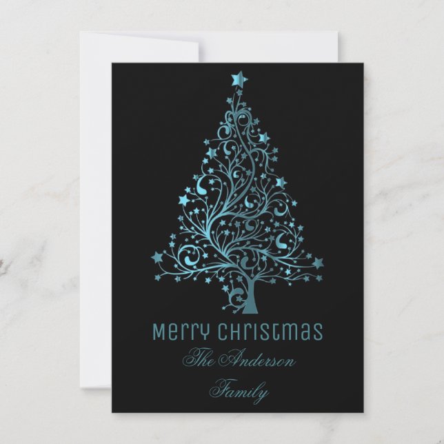 Cartes Pour Fêtes Annuelles Arbre de Noël étoilé Bleu noir Revêtement métalliq (Devant)