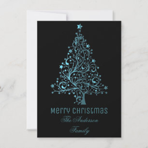 Cartes Pour Fêtes Annuelles Arbre de Noël étoilé Bleu noir Revêtement métalliq