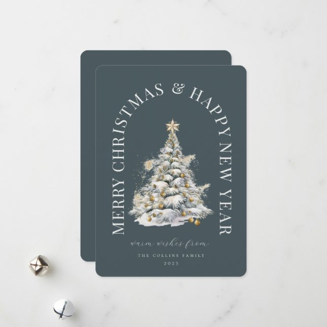 Cartes Pour Fêtes Annuelles Arbre de Noël festif enneigé  (Devant/Arrière en situation)