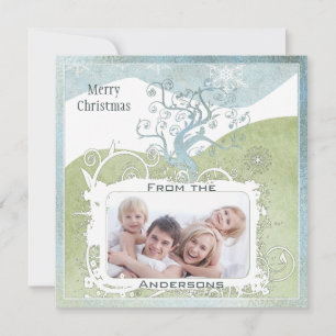 Cartes Pour Fêtes Annuelles Arbre de Noël Flocon de Neige Bleu Oiseau Mignon