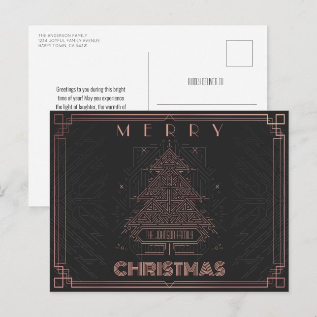 Cartes Pour Fêtes Annuelles Arbre de Noël géométrique moderne classique rose n (Devant / Derrière)