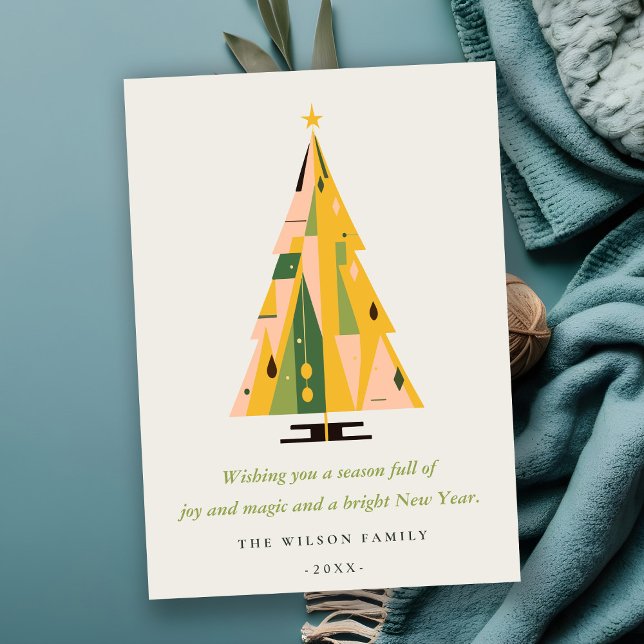 Cartes Pour Fêtes Annuelles Arbre de Noël Géométrique Rétro Moutarde verte (Créateur téléchargé)