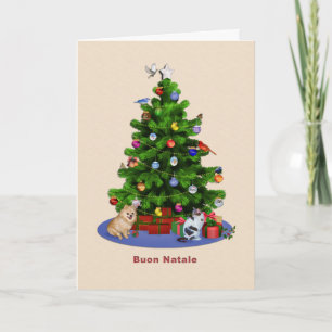 Cartes Pour Fêtes Annuelles Arbre de Noël italien et Joyeux, oiseaux, chat,