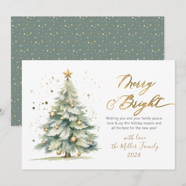 Cartes Pour Fêtes Annuelles Arbre de Noël Joyeux et Or Lumineux (Devant / Derrière)