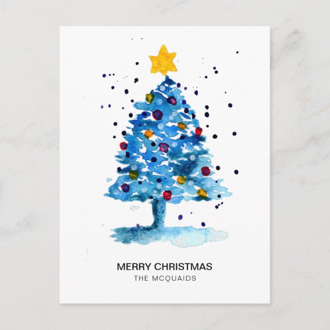 Cartes Pour Fêtes Annuelles Arbre de Noël moderne Aquarelle bleu (Devant)