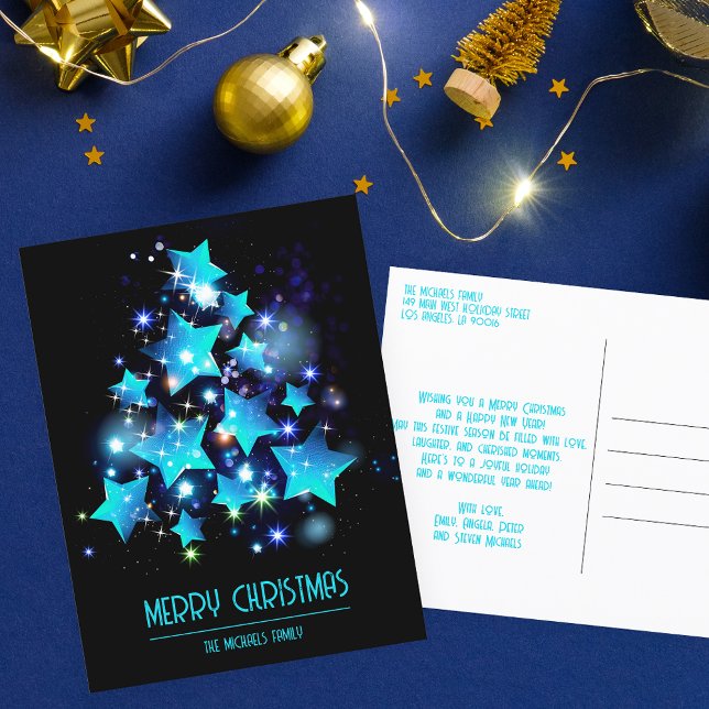 Cartes Pour Fêtes Annuelles Arbre de Noël moderne Bleu Étoiles sur noir (Créateur téléchargé)