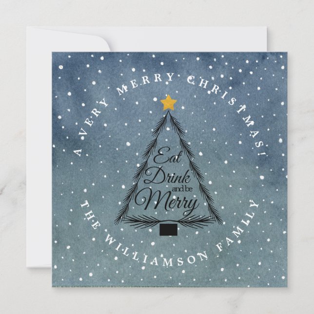 Cartes Pour Fêtes Annuelles Arbre de Noël moderne neige chute bleu foncé (Devant)
