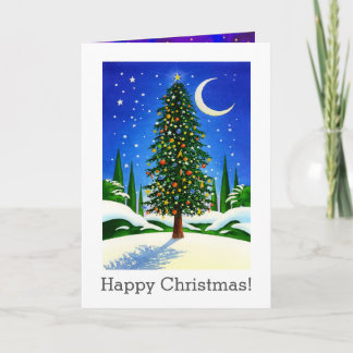 Cartes Pour Fêtes Annuelles Arbre de Noël neigeux - Cadeaux, Lune et étoiles