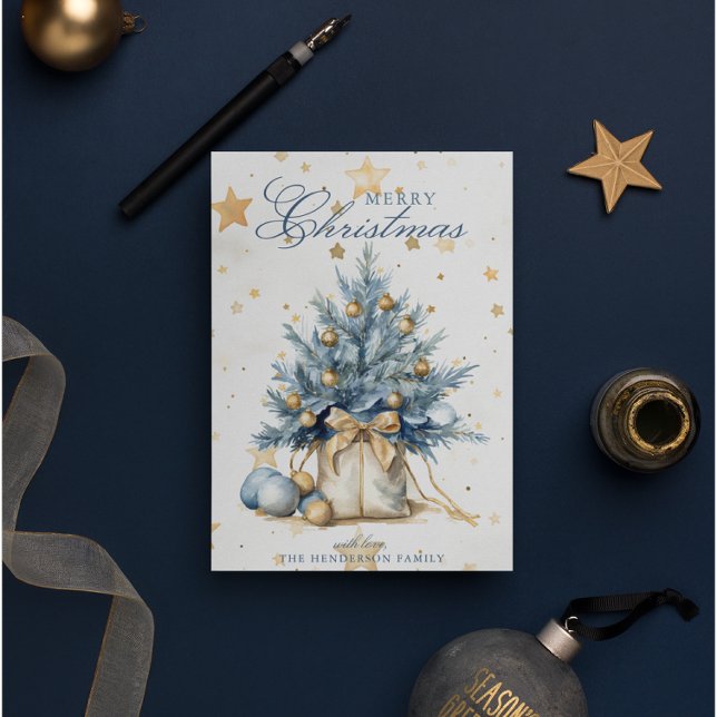 Cartes Pour Fêtes Annuelles Arbre de Noël Or bleu calligraphie aquarelle (Créateur téléchargé)