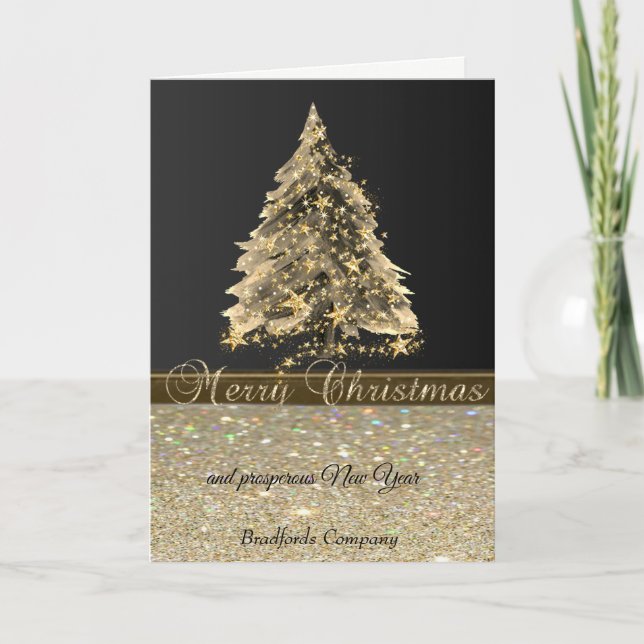 Cartes Pour Fêtes Annuelles Arbre de Noël Or, Étoiles Glittery, Société (Devant)