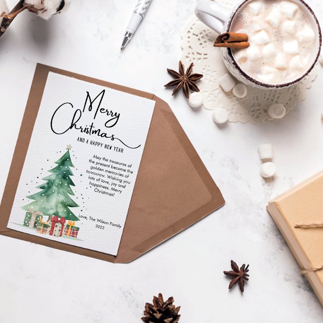 Cartes Pour Fêtes Annuelles Arbre de Noël plat aquarelle mignon (Créateur téléchargé)
