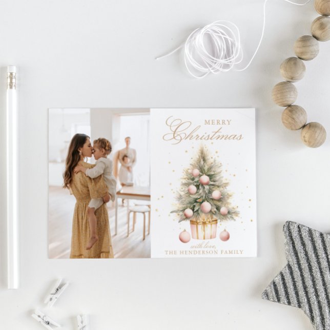 Cartes Pour Fêtes Annuelles Arbre de Noël rose doux aquarelle photo personnali (Créateur téléchargé)