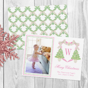 Cartes Pour Fêtes Annuelles Arbre de Noël rose et vert Monogramme Crest Photo