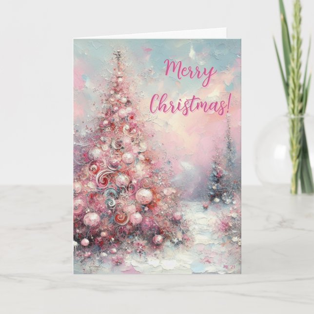 Cartes Pour Fêtes Annuelles Arbre de Noël rose impressioniste (Devant)