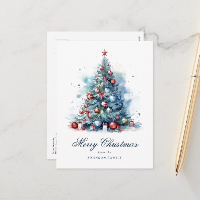 Cartes Pour Fêtes Annuelles Arbre de Noël Style Aquarelle Bleue (Devant/Arrière en situation)