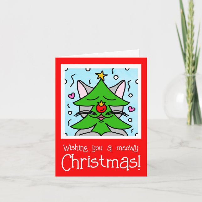 Cartes Pour Fêtes Annuelles Arbre de Noël Visage de Chat Mignon (Devant)