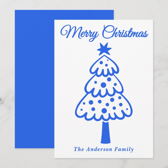 Cartes Pour Fêtes Annuelles Arbre de Noël Whimsical Royal Blue main tiré (Devant / Derrière)