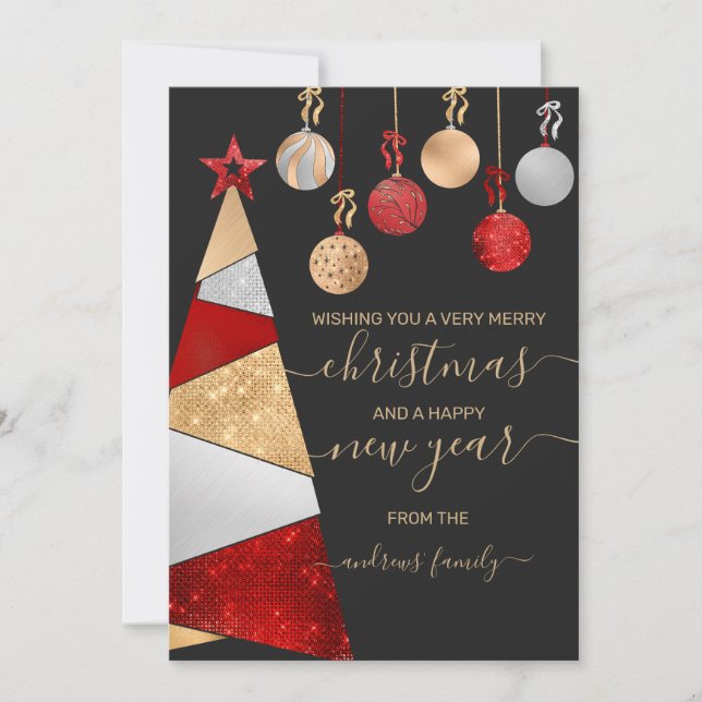 Cartes Pour Fêtes Annuelles Arbre de Parties scintillant en argent rouge Noël (Devant)