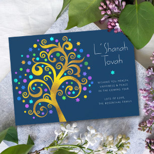 Cartes Pour Fêtes Annuelles Arbre de vie feuille d'or Rosh Hashanah marine mod