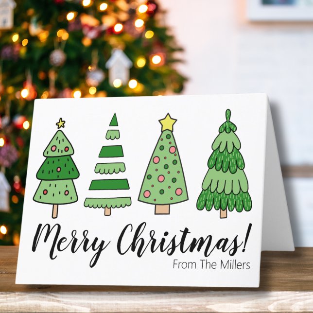 Cartes Pour Fêtes Annuelles Arbre Moderne Joyeux Noël (Cute Simple Modern Green Merry Christmas Trees Holiday Card)