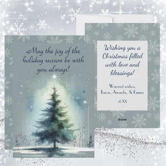 Cartes Pour Fêtes Annuelles Arbre Solitaire Illuminé, Sur Fond Bleu