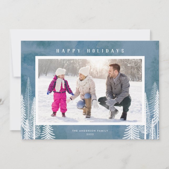 Cartes Pour Fêtes Annuelles Arbres À feuillage persistant blancs Bleu Joyeux V (Devant)