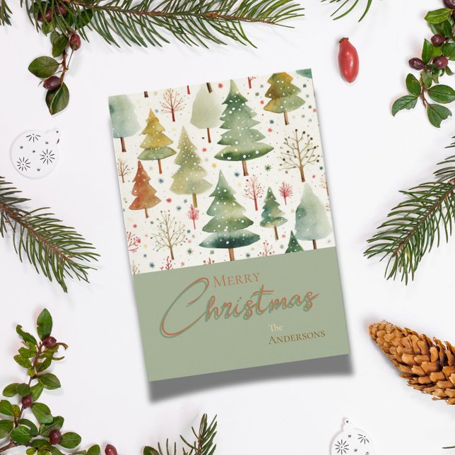 Cartes Pour Fêtes Annuelles Arbres d'aquarelle Brown verts de Noël (Créateur téléchargé)