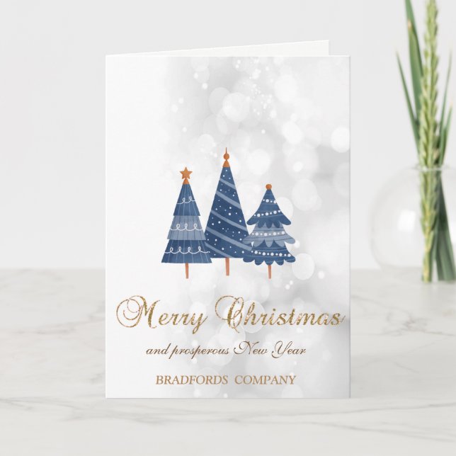 Cartes Pour Fêtes Annuelles Arbres de Noël Bleus, Bokeh Company Vacances (Devant)