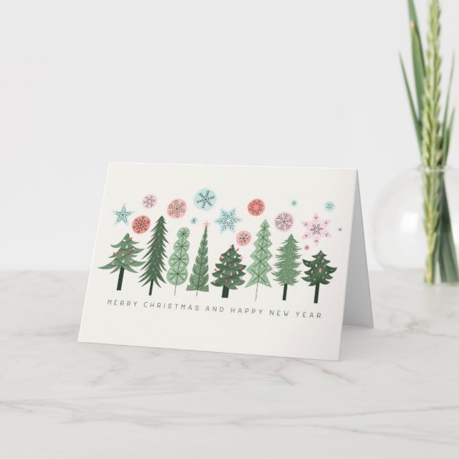 Cartes Pour Fêtes Annuelles Arbres de Noël et flocons de neige stylisés (Devant)