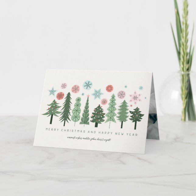 Cartes Pour Fêtes Annuelles Arbres de Noël et flocons de neige stylisés (Devant)