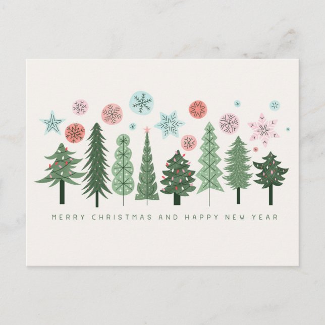 Cartes Pour Fêtes Annuelles Arbres de Noël et flocons de neige stylisés (Devant)