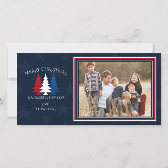 Cartes Pour Fêtes Annuelles Arbres de Noël patriotiques Marine Photo Bleue (Devant)