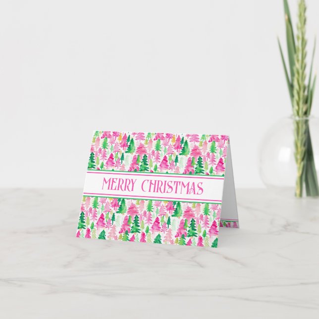 Cartes Pour Fêtes Annuelles Arbres de Noël rose et vert Preppy Personnalisés (Devant)