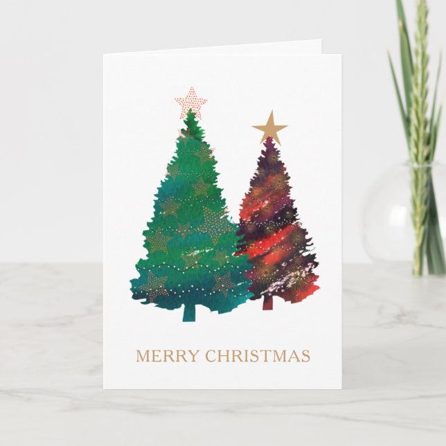 Cartes Pour Fêtes Annuelles Arbres de Noël scintillants peints à la main (Devant)